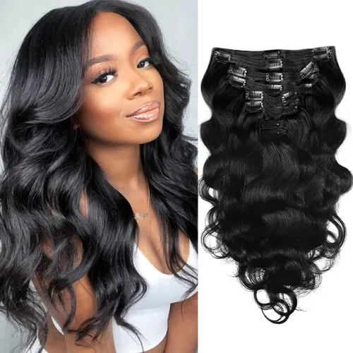 Miniatura 13 de Extensiones de cabello humano real con clip, 8 unidades, cabello humano Remy liso de seda suave natural, 4.23 oz, 20 pulgadas, negro natural #1B, 8
