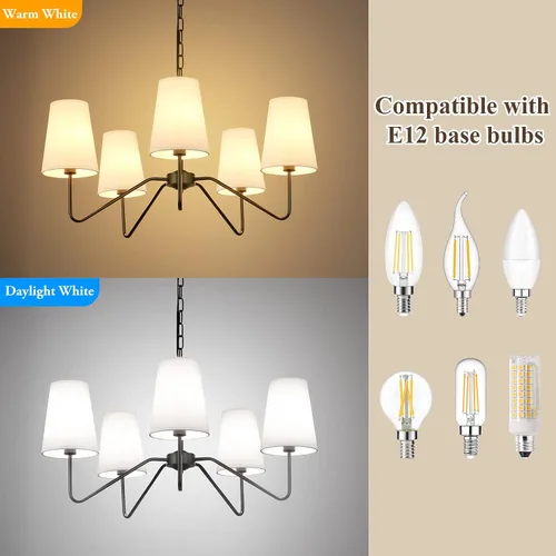 Miniatura 5 de Candelabro moderno de 5 luces de 30 pulgadas con pantallas blancas, lámpara colgante clásica para comedor, lámpara negra con base E12 lámpara