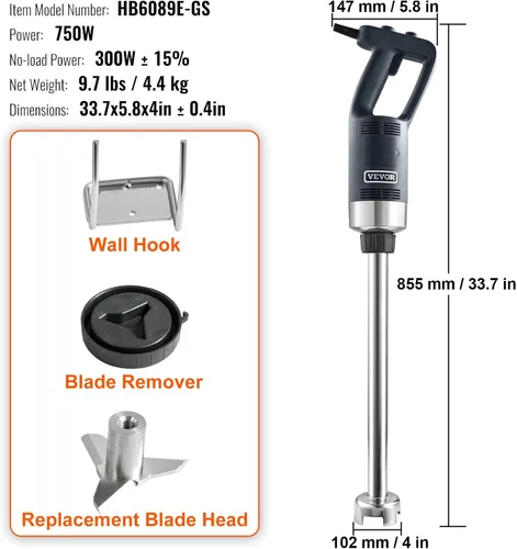 Miniatura 7 de VEVOR Batidora de Inmersión Comercial, 750W 20" Mezcladora de Mano de Servicio Pesado, Mezcladora de Barra de Cocina de Velocidad Variable