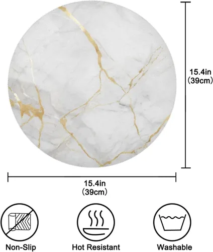 Miniatura 2 de ATTX Manteles individuales redondos con textura de mármol dorado para mesa de comedor, manteles individuales circulares, manteles individuales
