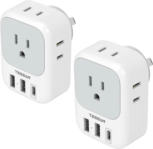 Adaptador de enchufe australiano, TESSAN adaptador de corriente australiano con 4 salidas, 3 puertos de carga USB (1 USB C), enchufe de viaje tipo I