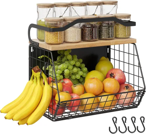 Miniatura 12 de Mefirt 2 cestas de frutas para almacenamiento de cocina con tapa de madera, cesta de pared apilable para cocina, organizador de encimera para Marrón