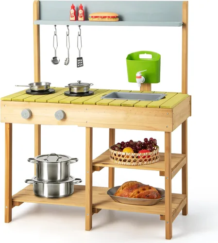 Miniatura 9 de Costzon Cocina de madera para niños, cocina de barro al aire libre con fregadero extraíble, caja de agua y grifo, parte superior de la estufa, Verde