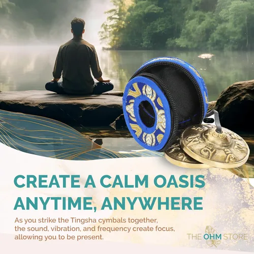 Miniatura 3 de Ohm Store Campanas tibetanas de mantra tingsha con estuche azul, accesorio de meditación hecho a mano para atención plena, yoga y sanación de sonido