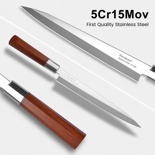 Miniatura 3 de Rondauno Cuchillo Sashimi Yanagiba - Cuchillo de sushi japonés de acero inoxidable de alto carbono de 10 pulgadas para cortar y filetear peces