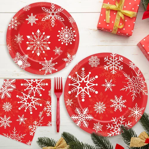 Miniatura 5 de Juego de vajilla de 100 piezas de Feliz Navidad, suministros de fiesta temática de Navidad, sirve para 25 invitados, platos de papel de copos