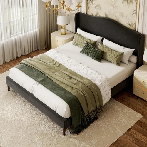 Miniatura 7 de Base de cama tapizada tamaño Queen, cabecera de tela de felpilla de 51 pulgadas de alto con diseño clásico de respaldo curvado de alas, patas