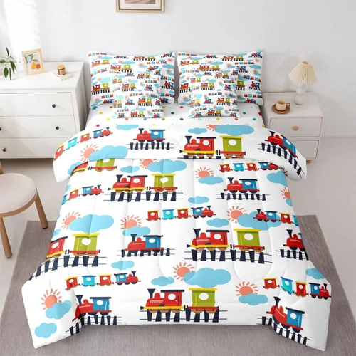 Miniatura 25 de Feelyou Juego de edredón de tren vintage de 7 piezas, diseño retro de motor de vapor para niños y niñas, juego de ropa de cama retro de tren