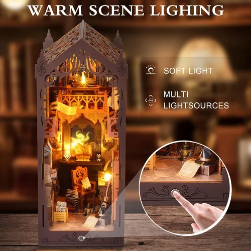 Miniatura 6 de Kit de rincón de libros, kit de casa en miniatura para adultos, adolescentes y principiantes, rompecabezas de madera 3D de biblioteca mágica