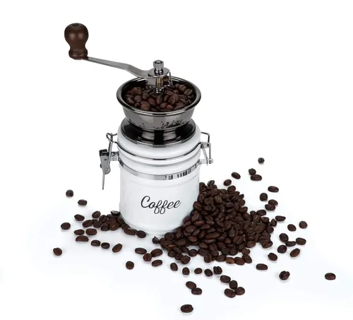 Miniatura 5 de Twine Molinillo de café vintage de mano, diseño manual ajustable con mango de madera y tarro de cerámica blanca, juego de 1