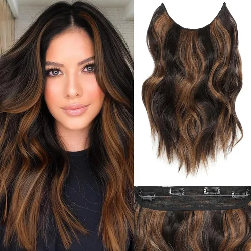 Miniatura 48 de Extensiones de cabello con halo de 12 pulgadas con alambre invisible, cabello largo ondulado ajustable, sintético, mejora con 4 clips de seguridad