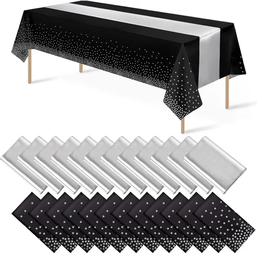 Miniatura 30 de 16 paquetes de manteles de plástico desechables y juego de camino de mesa de satén negro dorado con puntos dorados para graduación, boda