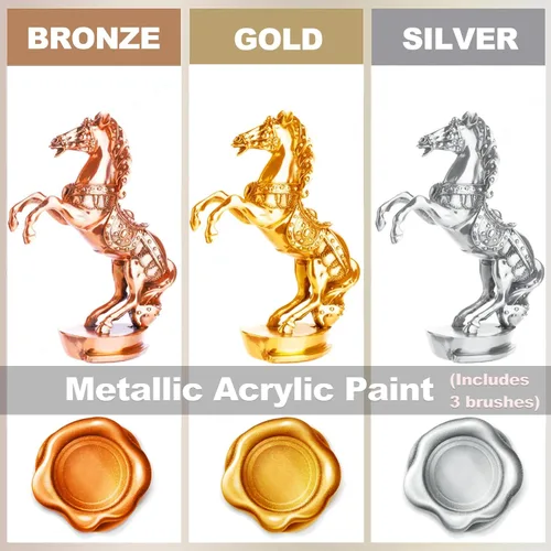 Miniatura 5 de Wadities Pintura Acrílica Metálica, 3 piezas de 13.5oz(375g) Oro, Plata y Bronce, Pintura de Hoja de Oro para Arte, Ideal para Lienzo, Madera