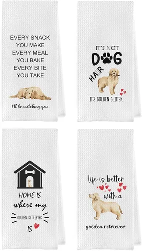 Gettu Golden Retriever Juego de Cocina de Tejido Waffle, Toallas de Mano y de Té (16x24 Pulgadas, Juego de 4)