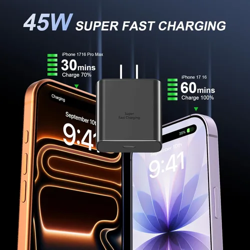Miniatura 2 de Cargador para iPhone 17 16 Pro Max de carga rápida, 45W USB C Cargador súper rápido bloque con cable de carga tipo C de 3.05m para iPhone 17 Pro