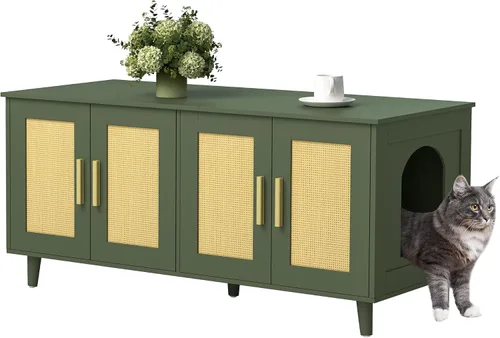 Miniatura 10 de Homhedy Caja de arena bohemia para gatos para 2 gatos, muebles de madera para baño de gatos con puertas decoradas de ratán doble, casa de mascotas