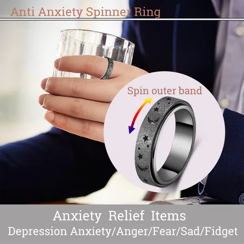 Miniatura 2 de Anillo Giratorio para Ansiedad - Anillo de Dedo de Acero Inoxidable para Hombres y Mujeres - Luna Estrella Negro 8