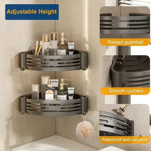 Miniatura 4 de Organizador de ducha esquinero, estantes de ducha adhesivos sin perforaciones con ganchos, organizador de ducha extraíble impermeable y resistente