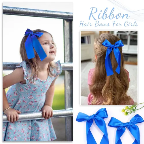 Miniatura 2 de 2 piezas de lazos largos de cinta para niñas, clip de pelo de seda, lazo de cinta para el pelo, accesorios para el cabello para bebés, niños Azul