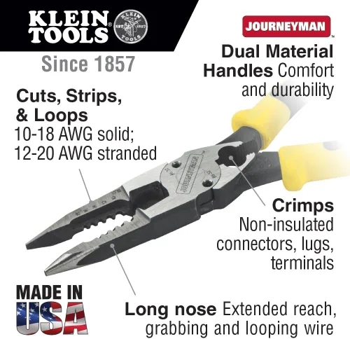Miniatura 2 de Klein Tools J207-8CR Alicates de punta de aguja, fabricados en EE. UU., Alicates de uso general para líneas de crimpado, bucle, corte, pelado