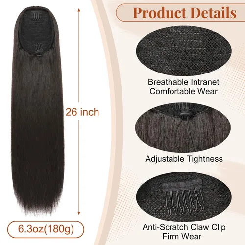 Miniatura 3 de Flufymooz - Extensión de cola de caballo de 26 pulgadas, extensiones de cabello con cordón y clip rectas, cola de caballo falsa natural suave