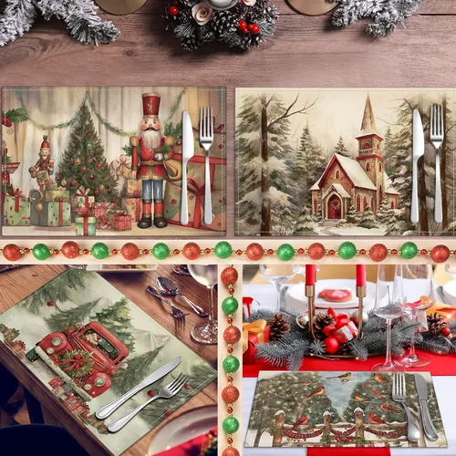 Miniatura 6 de Hushee - Juego de 6 manteles individuales de Navidad, 30 x 45 cm, manteles individuales lavables para mesa de comedor, manteles navideños