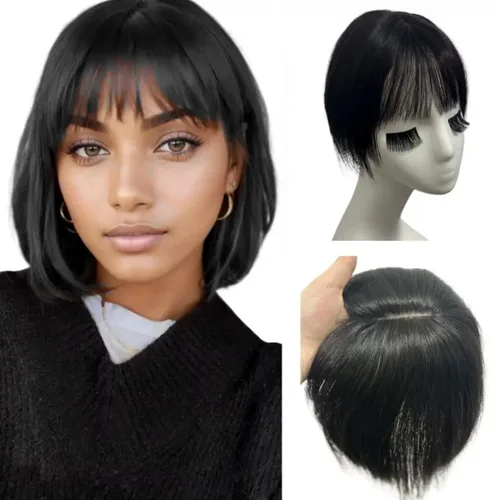 Anemone Peluca de cabello humano con clip para mujer, con flecos de aire 3D, base de poliuretano invisible para cabello fino y cuero cabelludo Negro