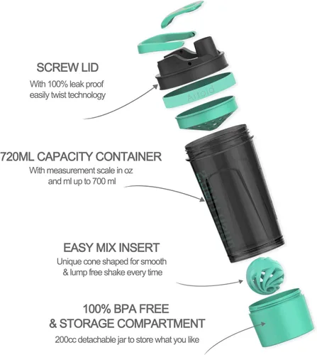 Miniatura 2 de Artoid Mode Botella Batidora de Proteínas de 24 Onzas, Tecnología de Mezcla Dual, Sin BPA, Verde Aqua/Negro
