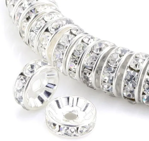 100 cuentas sueltas de diamantes de imitación de cristal de grado A de 0.472 pulgadas (cristal transparente), espaciador chapado en plata de ley