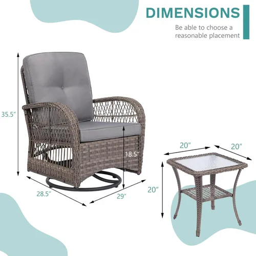 Miniatura 6 de MEETWARM Juego de 3 piezas de mimbre giratorio para patio al aire libre, mecedoras, juegos de muebles de patio de ratán con cojín grueso y mesa