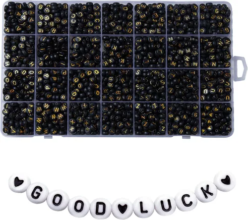 1400 piezas de cuentas de letras, cuentas de alfabeto acrílico de 4x7 mm, cuentas para hacer joyas y pulseras, en caja de 28 rejillas (Negro y Oro)