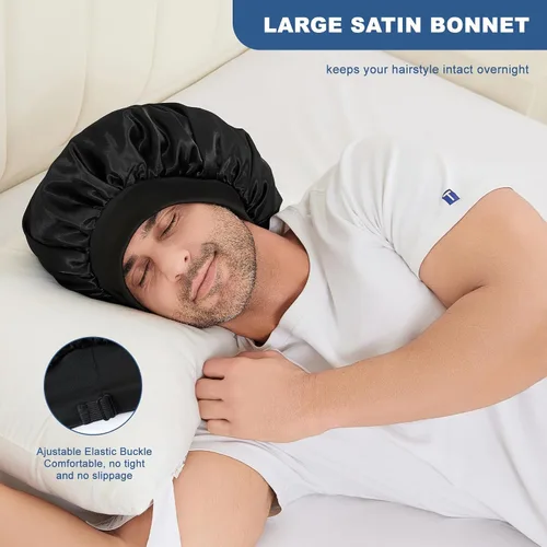 Miniatura 2 de Gorro para hombre, gorro de doble capa para dormir, gorro de dormir ajustable con banda elástica, gorros de satén de seda para trenzas de cabello