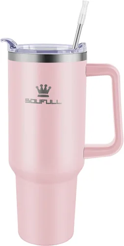 Miniatura 2 de Vaso de 40 onzas con asa y tapa con popote, taza de café de viaje 100% a prueba de fugas, taza aislada de acero inoxidable para bebidas calientes