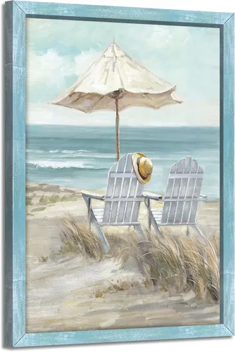 Arte de pared enmarcado costero abstracto, imagen de silla de playa, pintura moderna del océano, impresiones de paisaje marino relajante, decoración