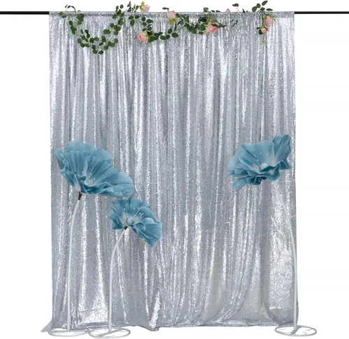 Miniatura 55 de Cortinas de fondo de lentejuelas negras con purpurina de 2 x 8 pies, 4 paneles para decoración de bodas, fiestas de cumpleaños, despedidas de Negro
