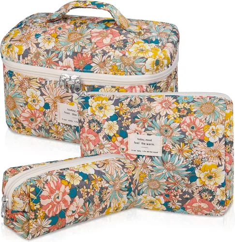 Miniatura 15 de Set de bolsas de maquillaje, bolsa de maquillaje acolchada, bolsa de cosméticos floral grande para mujeres, lindas bolsas de maquillaje de algodón