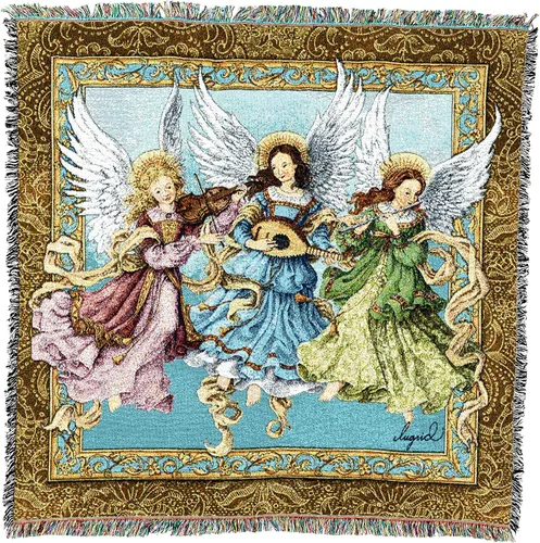 Pure Country Weavers Angelic Trio - Manta con diseño de tres ángeles tocando música, manta cuadrada para regalo, tejida de algodón, fabricada en los