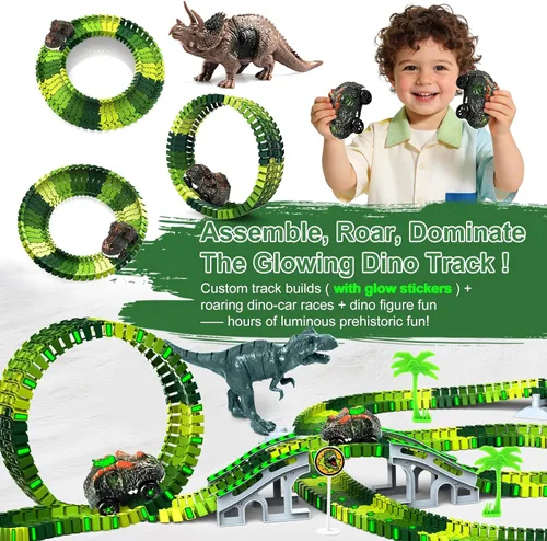 Miniatura 2 de Juguetes de dinosaurio para niños de 3 a 5 años, juego de pista de tren flexible que brilla en la oscuridad, 2 autos de dinosaurio para niños