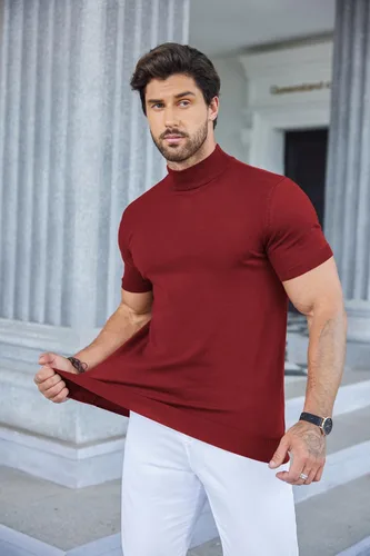 Miniatura 7 de COOFANDY Suéter de cuello alto falso para hombre, de manga corta, color sólido, básico, ajustado, de punto