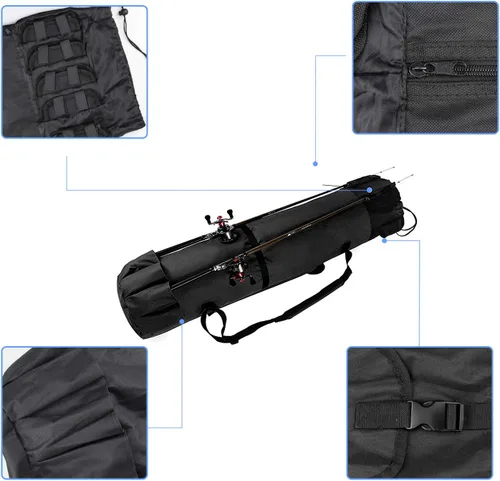 Miniatura 3 de Allnice Bolsa organizadora de lona duradera para caña de pescar y carrete, bolsa de transporte de viaje, con capacidad para 5 postes y aparejos Negro