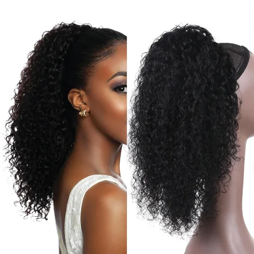 Miniatura 11 de Extensión de cola de caballo de cabello humano de 12 pulgadas con cordón rizado profundo para mujeres negras, extensión rizada 3C, color negro
