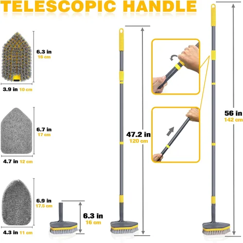 Miniatura 6 de Cepillo de ducha con mango largo para limpieza, cepillo de ducha extensible 3 en 1 de 56 pulgadas, accesorio intercambiable para limpiar la pared