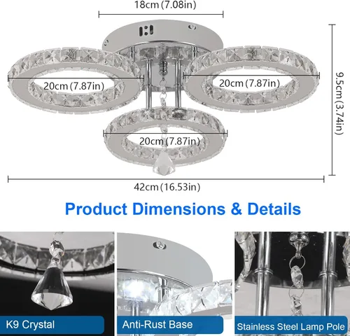 Miniatura 2 de Deckrico Moderno candelabro de cristal de montaje empotrado, lámpara de techo colgante de acero inoxidable de 3 anillos redondos para sala de estar