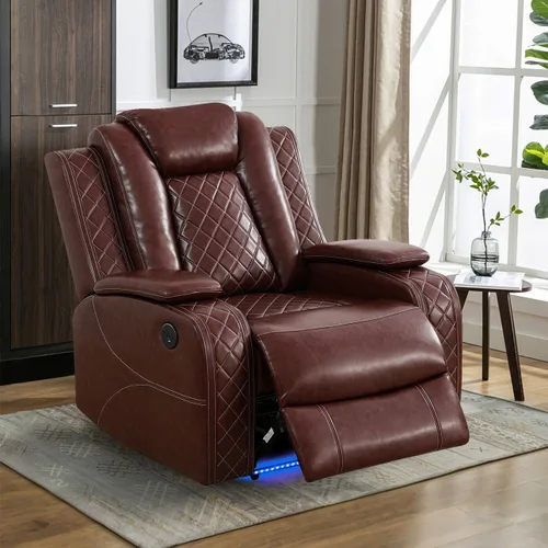 Miniatura 26 de Sofá reclinable individual eléctrico para muebles de sala de estar, silla reclinable de cuero con luces LED, puertos USB, almacenamiento oculto