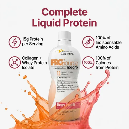 Miniatura 4 de Péptidos de colágeno líquido tipo I, III, 0.53 oz de proteína por onza. Prosource NoCarb Berry Punch Bottle Medtrition
