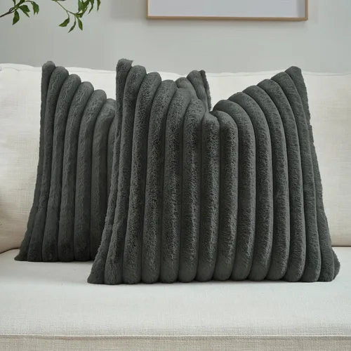 Miniatura 41 de FUTEI - Juego de 2 fundas de almohada decorativas con rayas, cuadradas, para invierno, piel sintética de conejo suave y acogedora y respaldo