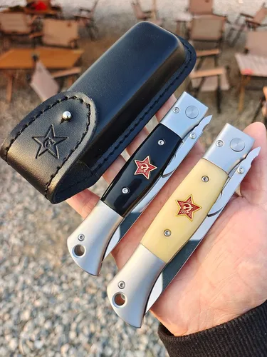 Miniatura 5 de Russian Finka-NKVD KGB - Cuchillo de bolsillo plegable, hoja de acero pulido de espejo de 3.74 pulgadas, mango de resina con incrustaciones