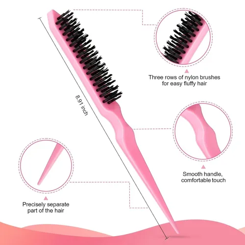 Miniatura 5 de Juego de 4 peines para el cabello, cepillo de cerdas para borde, peine de cola de rata y peine de dientes anchos para mujeres, niñas y hombres, Rosa