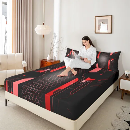 Miniatura 2 de Manfei Sábana bajera ajustable de panal rojo, tamaño matrimonial, juego de ropa de cama hexagonal geométrica de 3 piezas para decoración de Multi 07