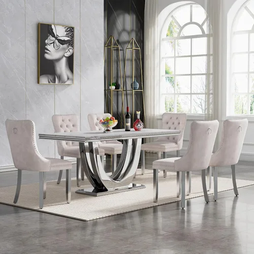 Miniatura 49 de Juego de mesa de comedor de mármol sintético, 7 piezas, juego de mesa de cocina y comedor para 6, mesa de comedor rectangular blanca de 70 pulgadas